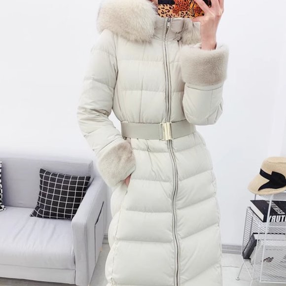 MICHAA Korean Luxury Fox and Mink Fur Long Down Jacket with Belt Size 55 - Picture 5 of 16